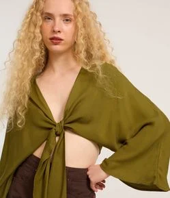 Blusa Cropped em Twill com Amarração Frontal e Manga Ampla