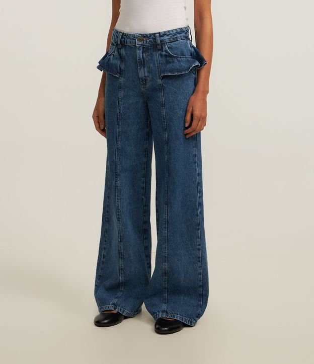 Calça Reta em Jeans com Detalhe de Saia Aplicada