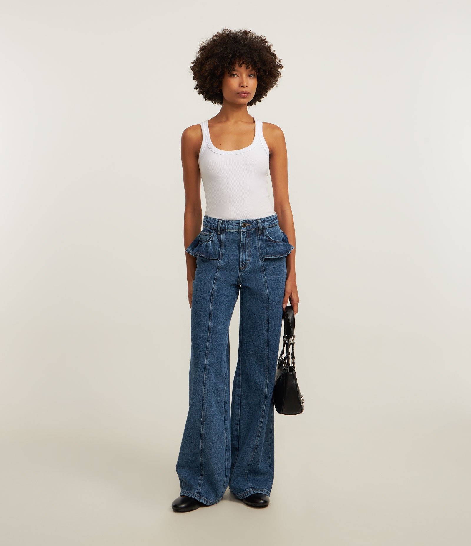 Calça Reta em Jeans com Detalhe de Saia Aplicada Azul 1