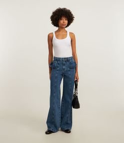 Calça Reta em Jeans com Detalhe de Saia Aplicada