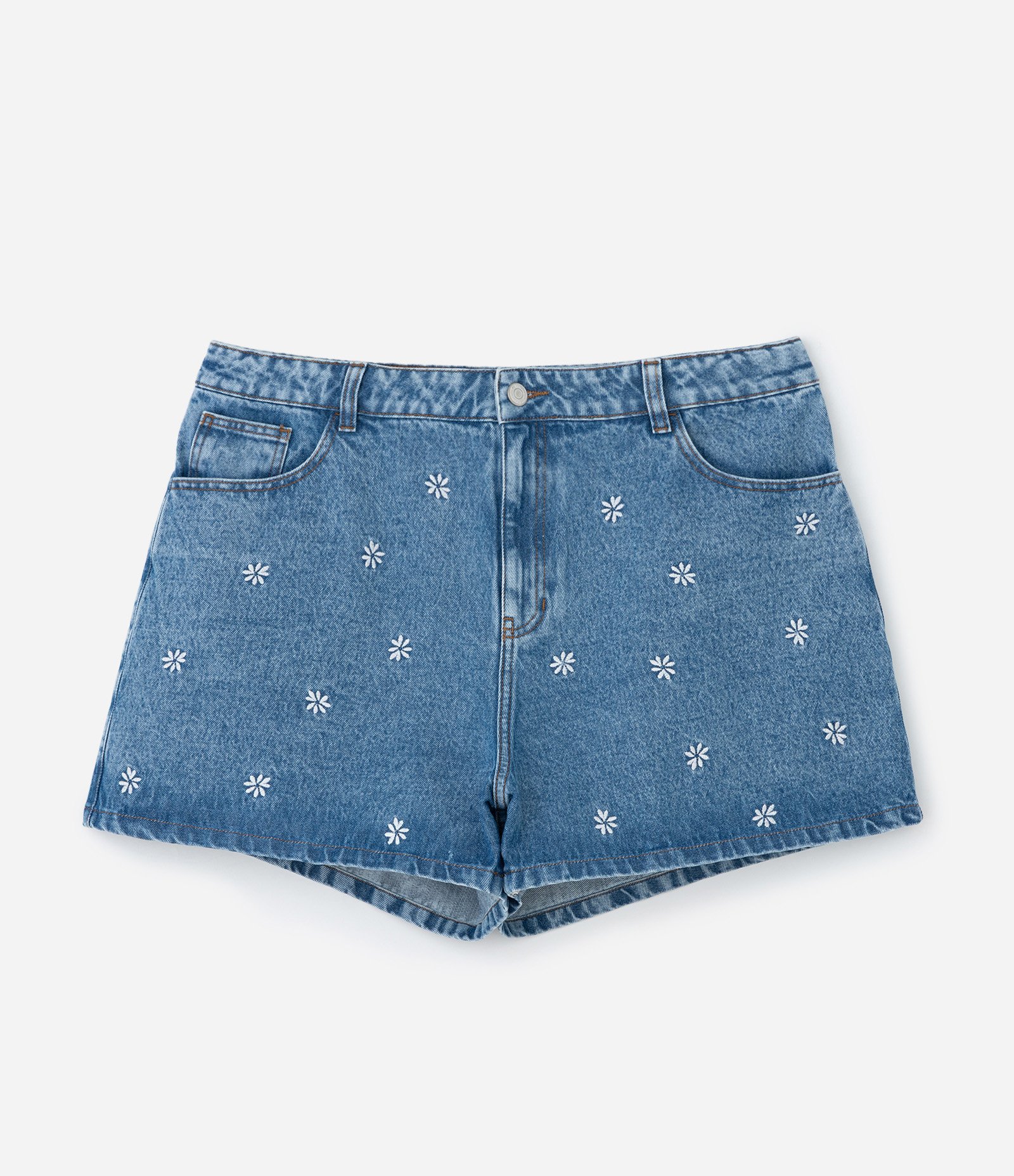 Short Mom com Bordado de Margarina Curve & Plus Size Azul 5