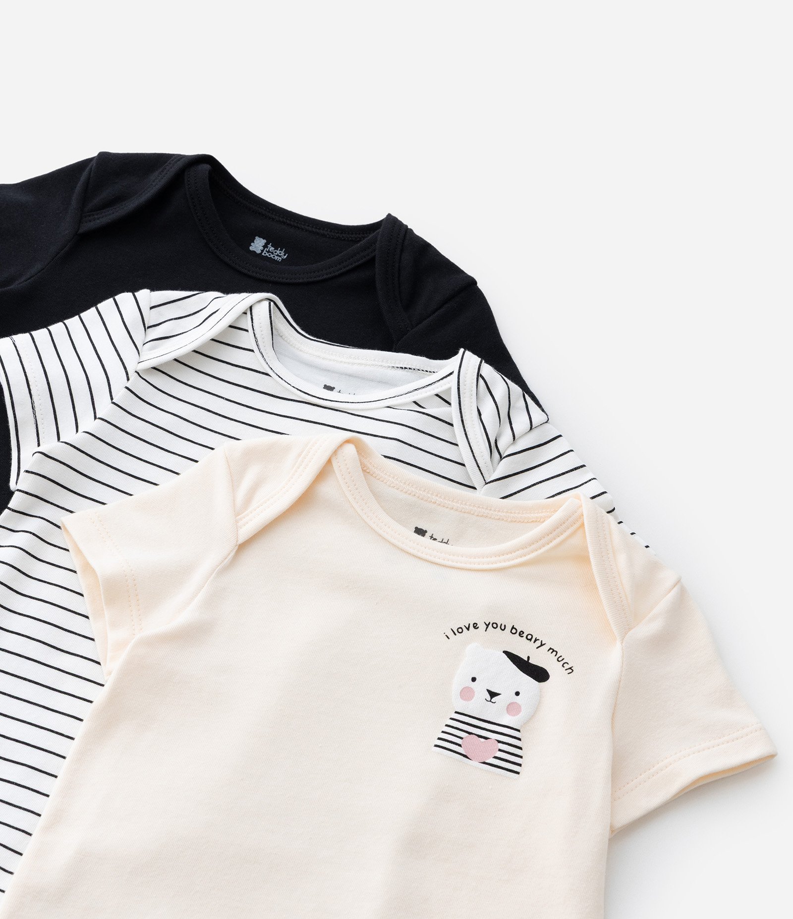 Kit 03 Bodies Infantis com Estampa Urso e Listras - Tam RN a 18 meses Preto/Listrado/Bege 9