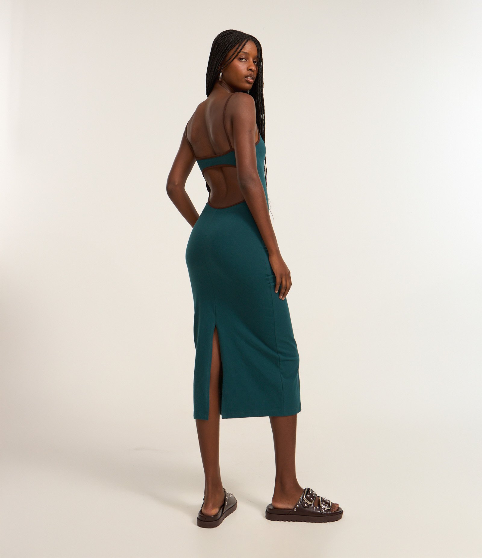 Vestido Midi em Algodão com Costas Abertas e Fenda Verde 1
