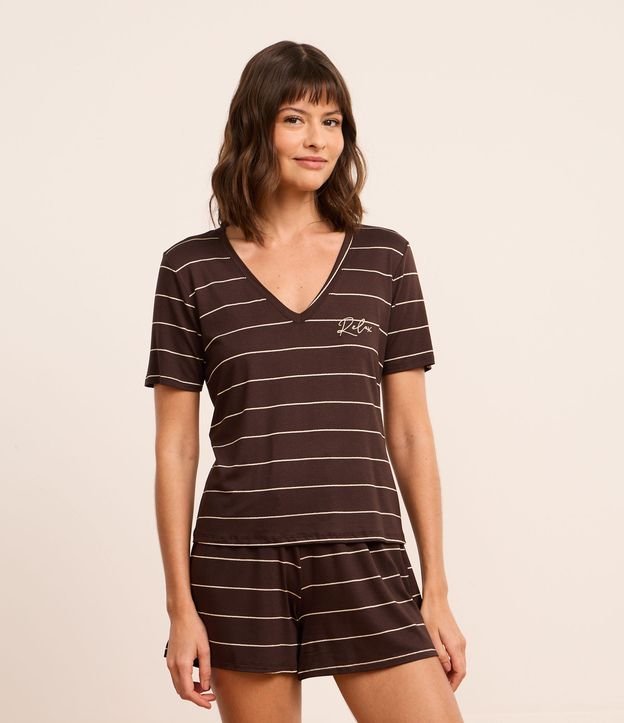Pijama Short Doll em Viscose com Listras em Fio Metalizado