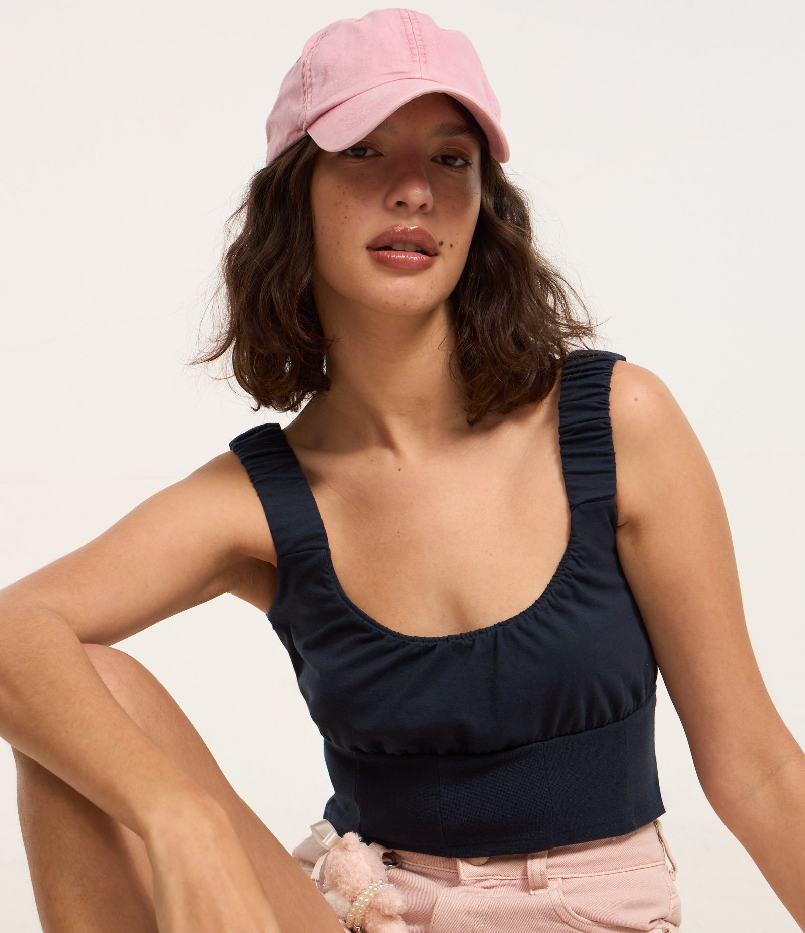 Blusa Corset em Cotton com Franzidos e Alça Larga Azul Marinho 1