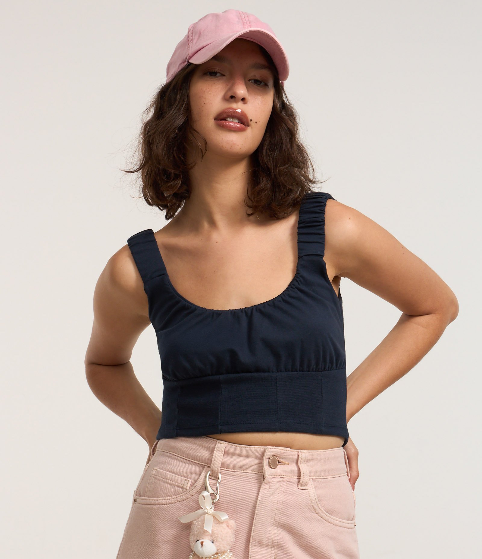 Blusa Corset em Cotton com Franzidos e Alça Larga Azul Marinho 2