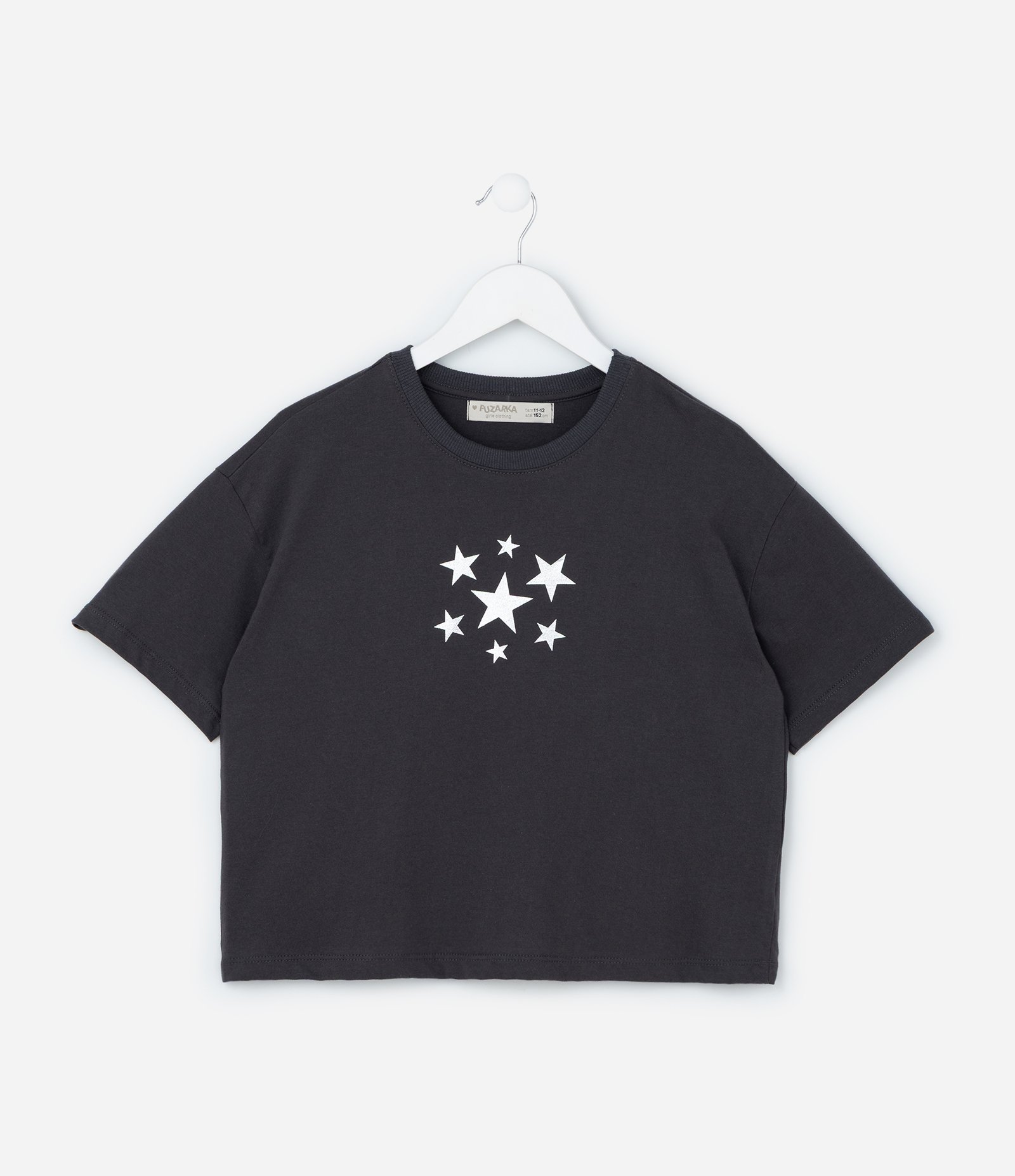 Camiseta Curta Infantil com Estampa Estrelas - Tam 5 a 14 Anos Cinza 1