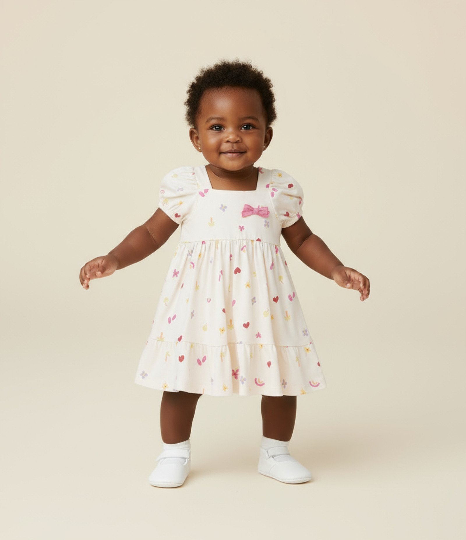 Vestido Infantil com Mini Ícones - Tam RN a 18 Meses Bege 1