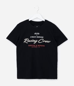 Camiseta Infantil com Lettering Racing Crew - Tam 5 a 14 Anos