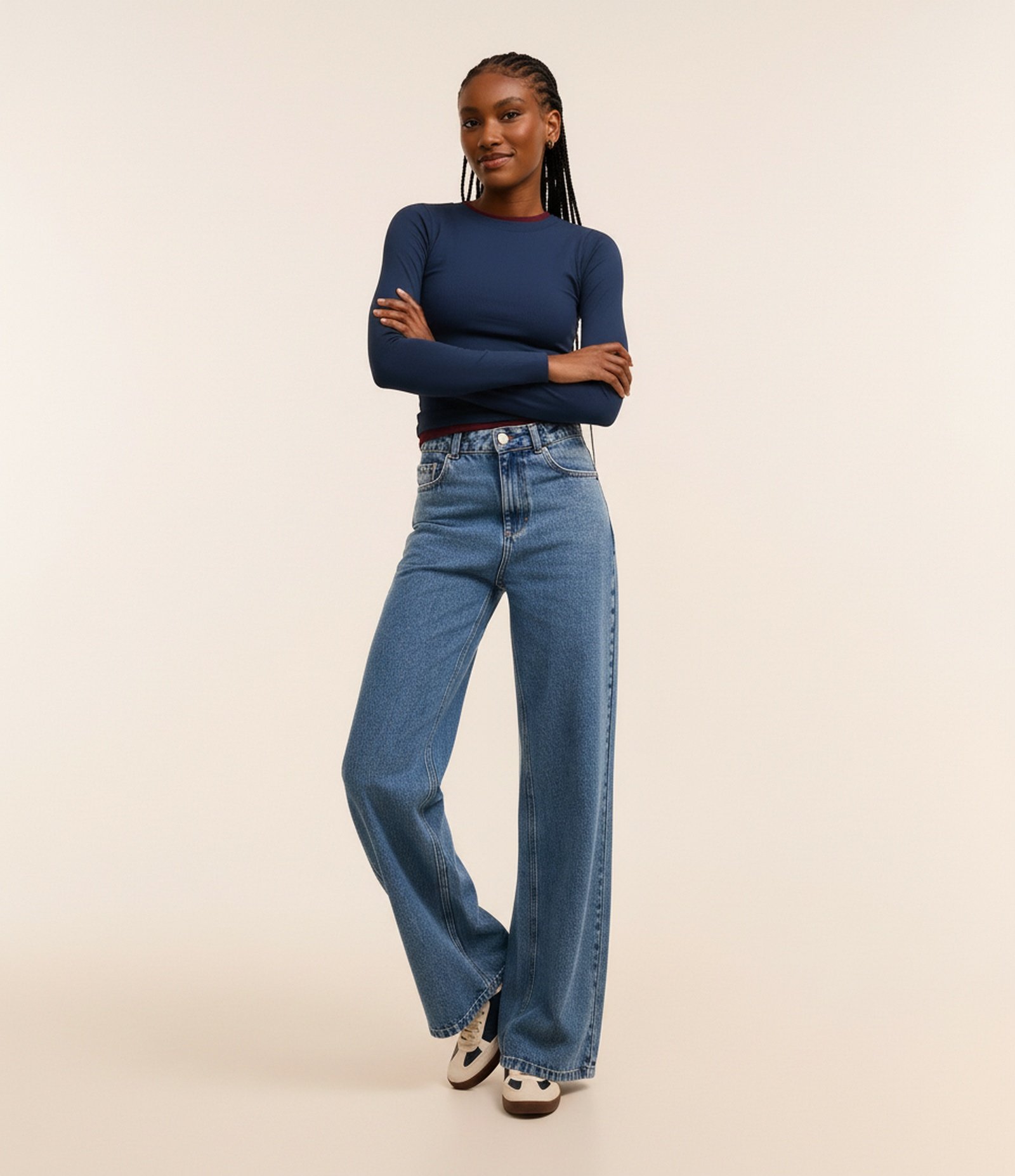 Blusa Manga Longa em Ribana de Poliamida Azul Marinho 5