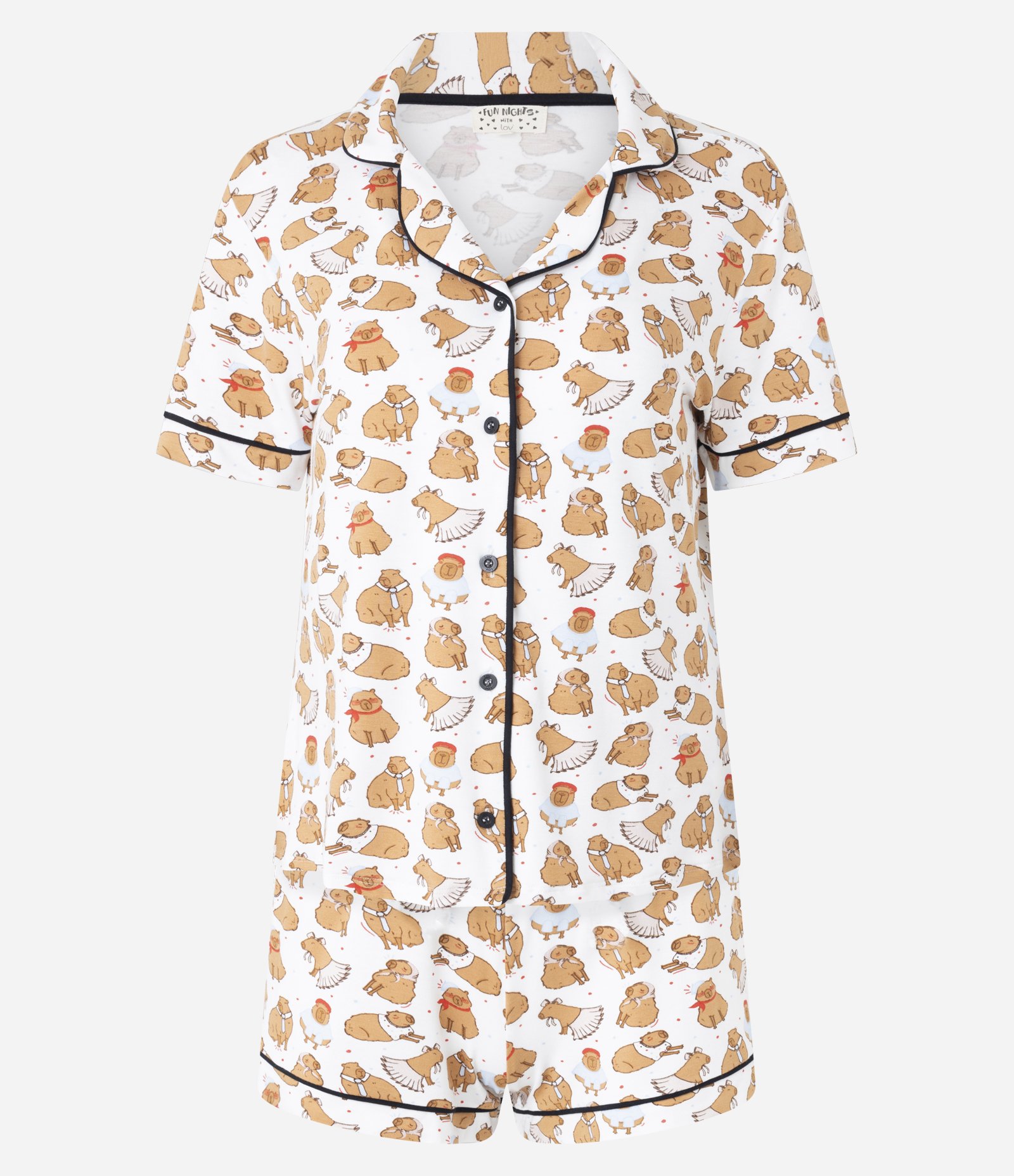 Pijama Short Doll Americano em Viscose com Estampa de Capivaras Divertidas Branco 4