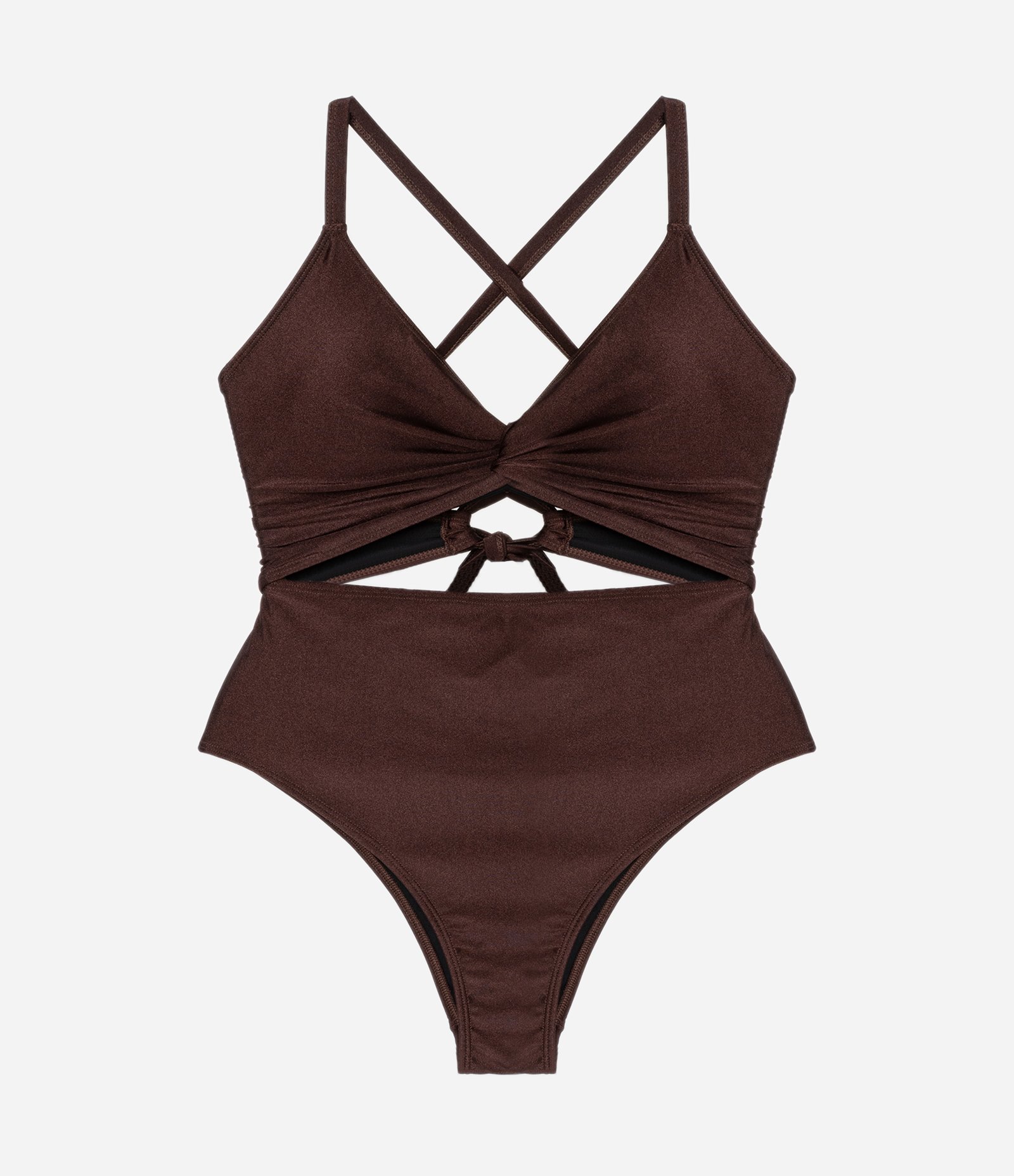 Maiô em Microfibra Brilhante com Busto Torcido e Recorte no Abdômen Curve & Plus Size Marrom 3