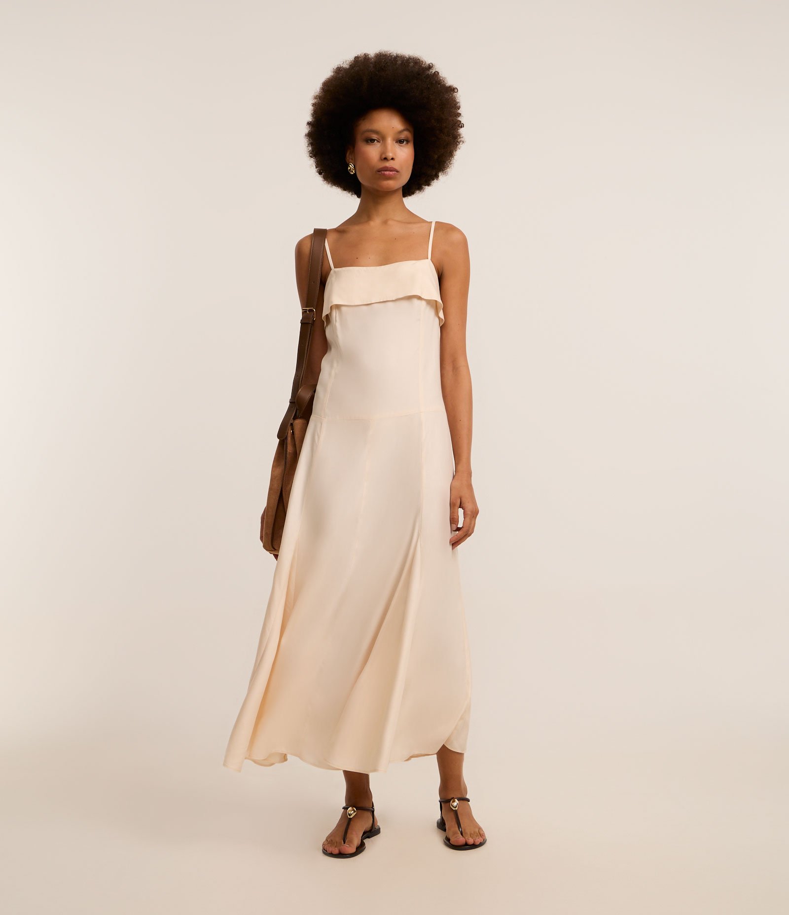 Vestido New Midi em Sarja com Alça Rabo de Rato Rosa Claro 1