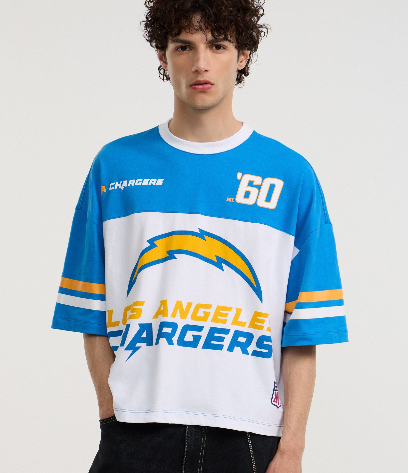 Camiseta Boxy em Algodão com Estampa e Lettering Los Angeles Chargers Azul 1