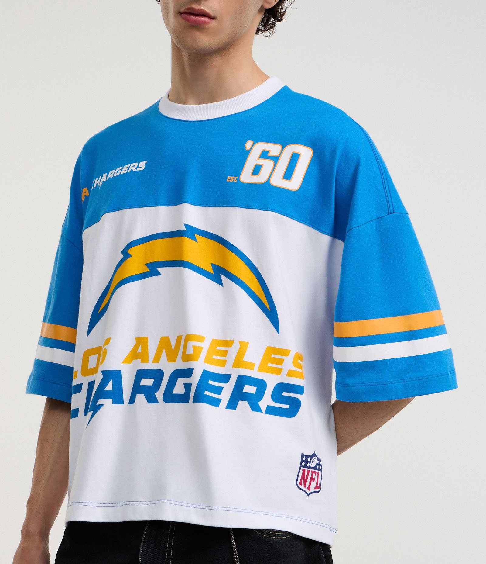 Camiseta Boxy em Algodão com Estampa e Lettering Los Angeles Chargers Azul 5