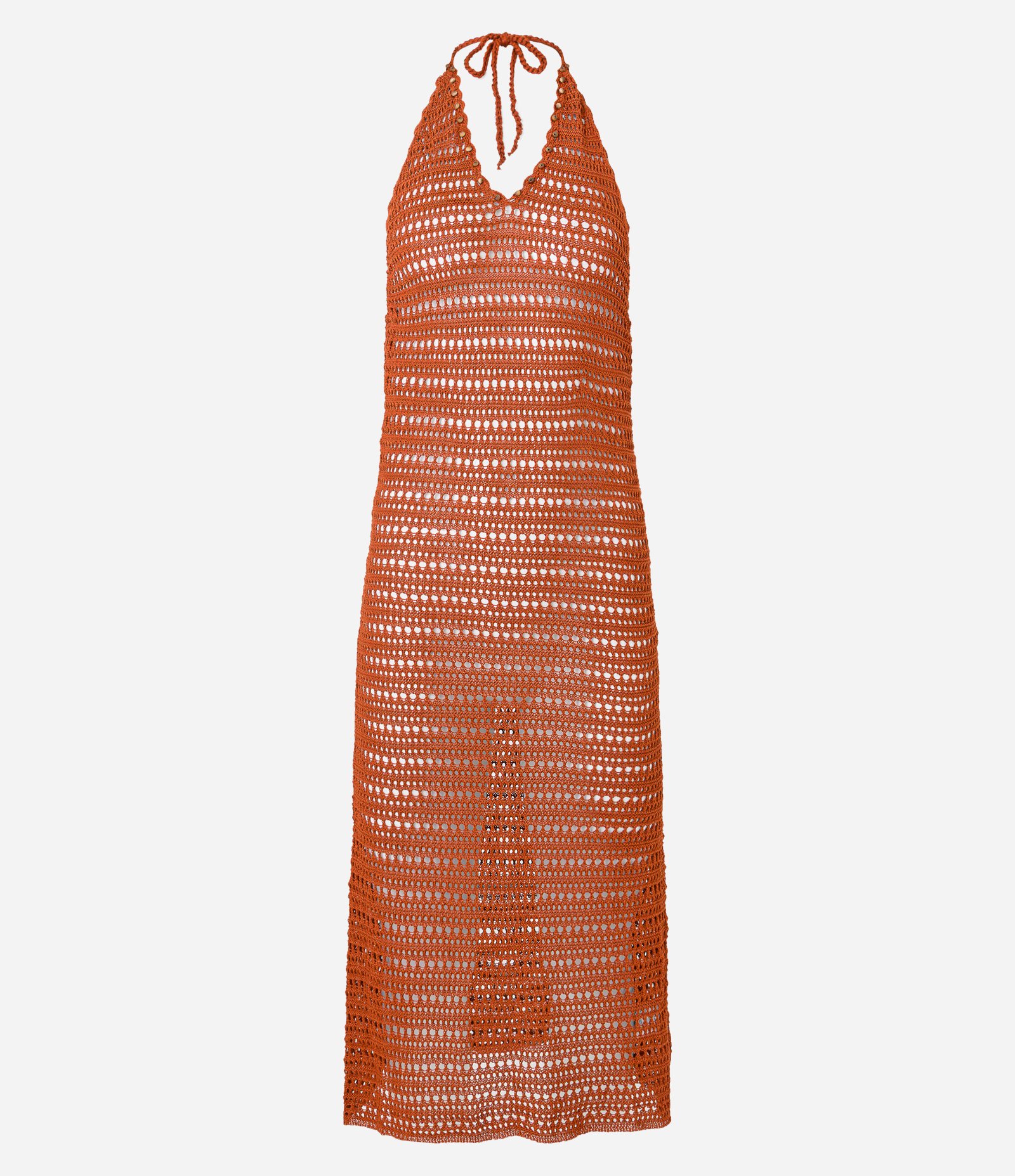 Saída de Praia Vestido em Crochê com Aviamento de Madeira Telha 5