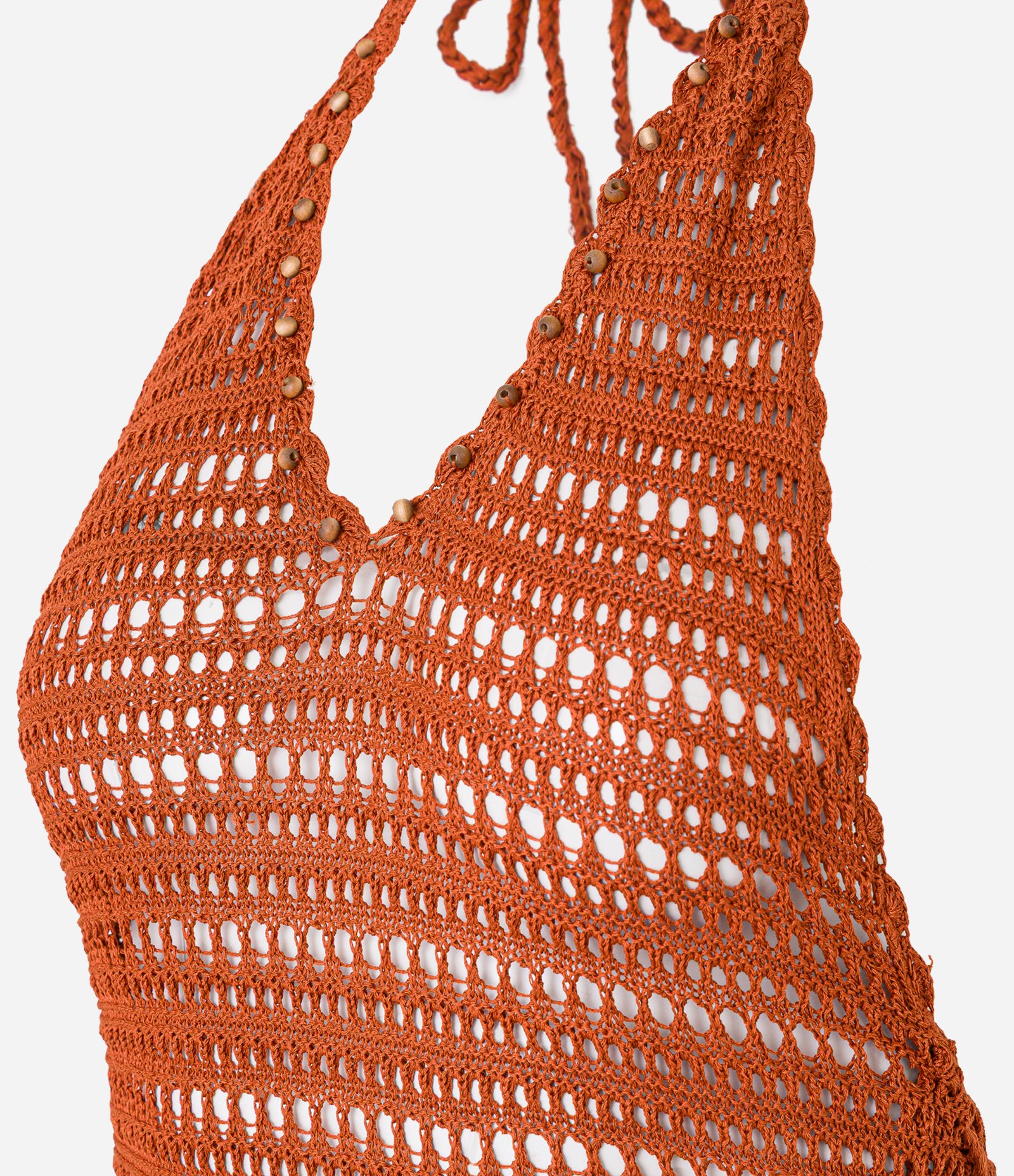 Saída de Praia Vestido em Crochê com Aviamento de Madeira Telha 6