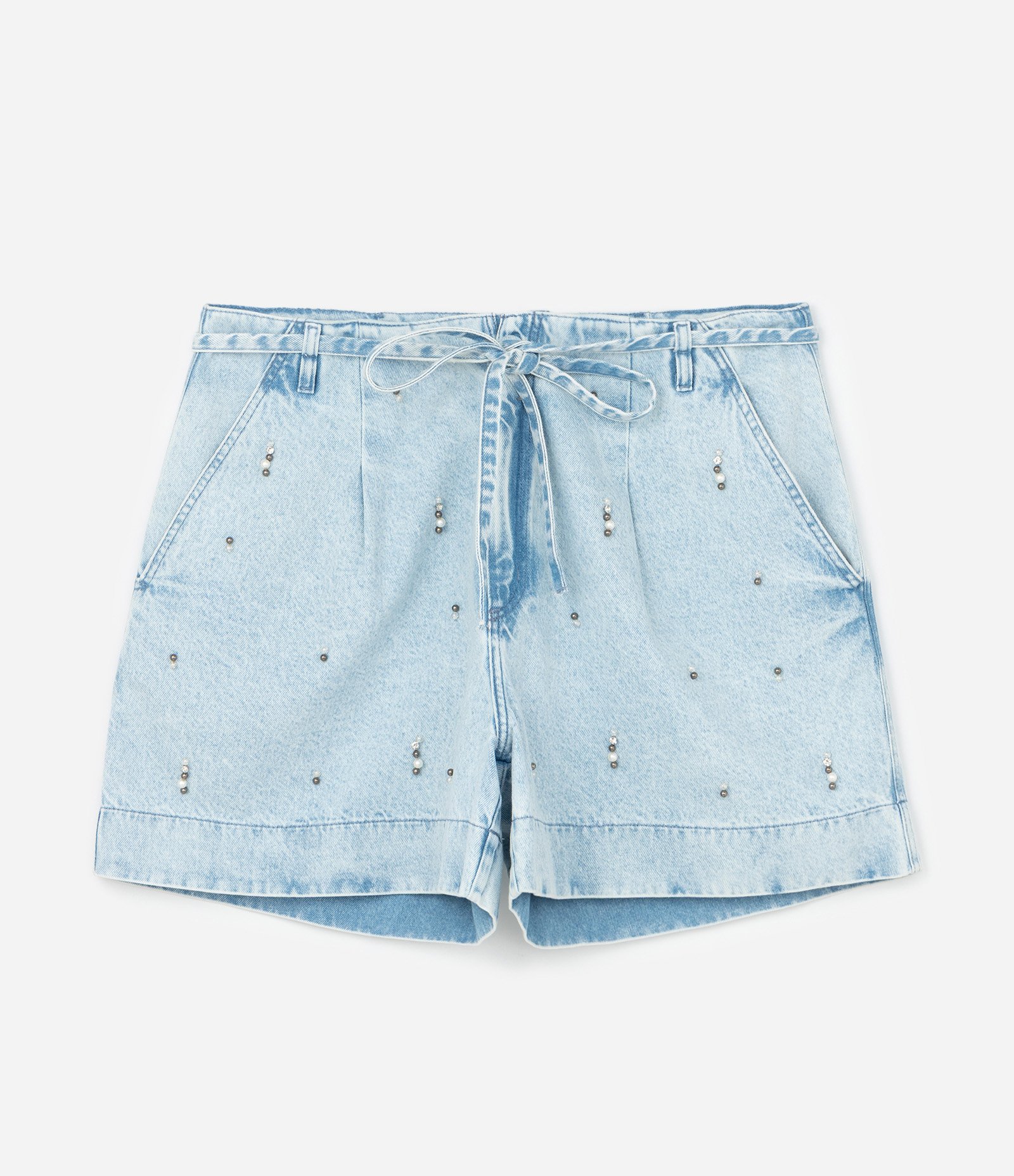 Bermuda em Jeans com com Cordão e Aplicações de Pérolas e Pedras Curve & Plus Size Azul 3