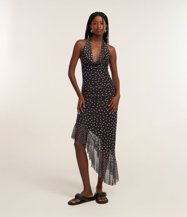 Vestido Midi em Tule Poá e Barra Assimétrica