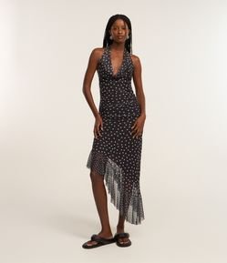 Vestido Midi em Tule Poá e Barra Assimétrica