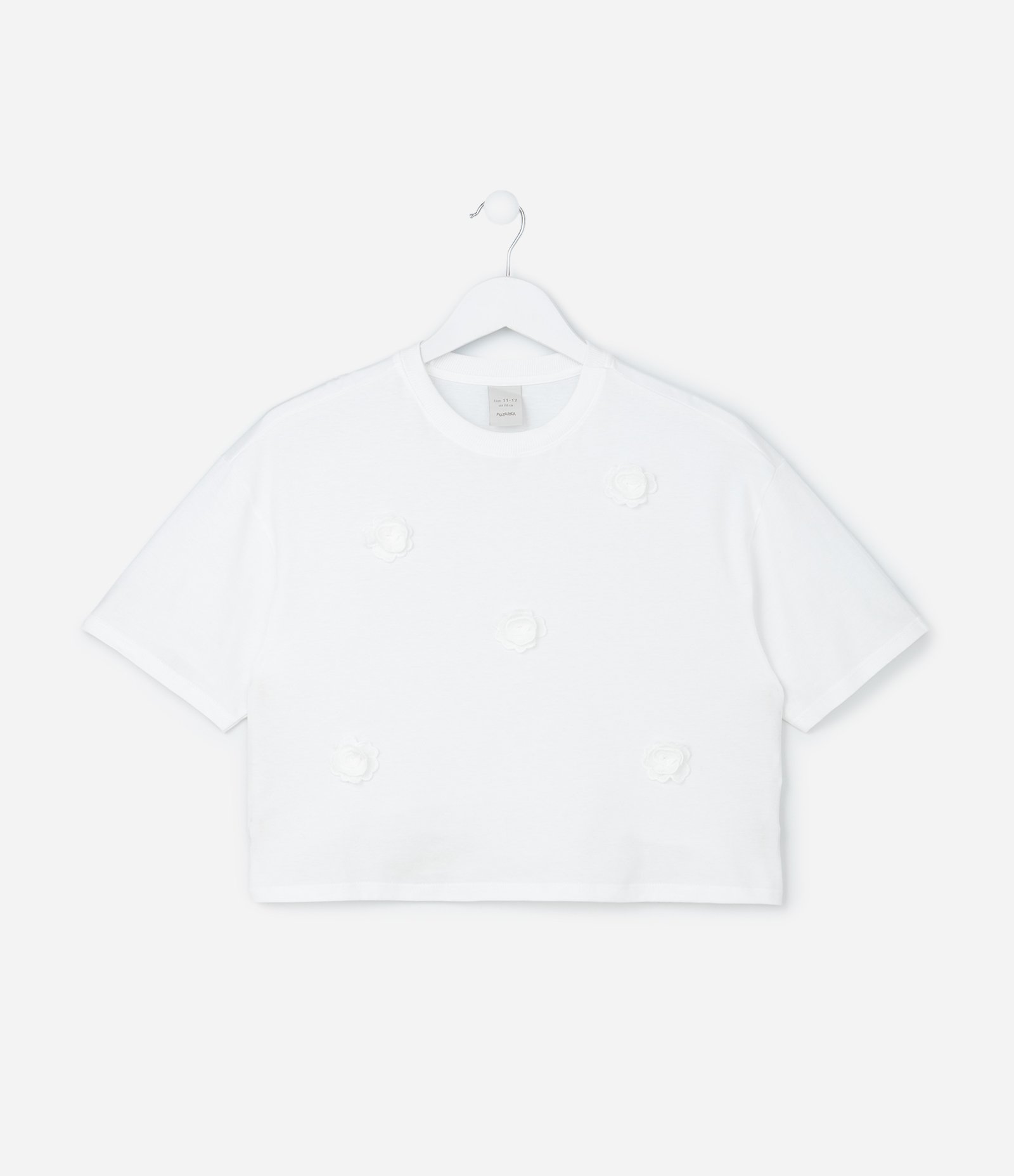 Camiseta Curta Infantil com Flores Aplicadas - Tam 5 a 14 Anos Branco 1