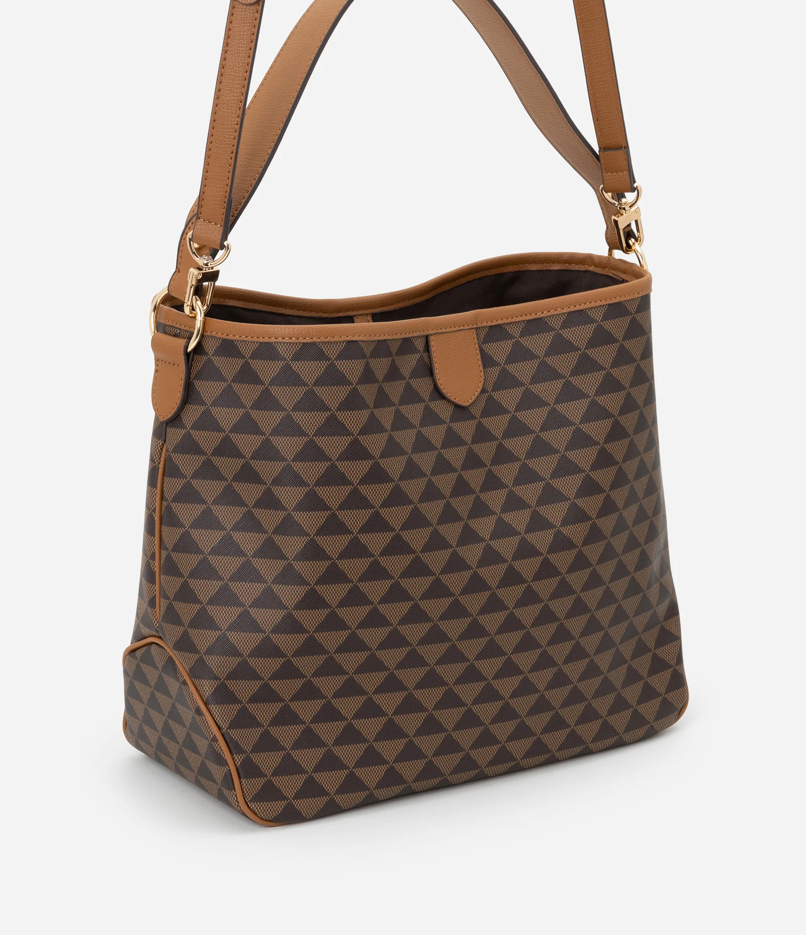 Bolsa Hobo Desestruturada Grande com Estampa Triângulo Marrom 2