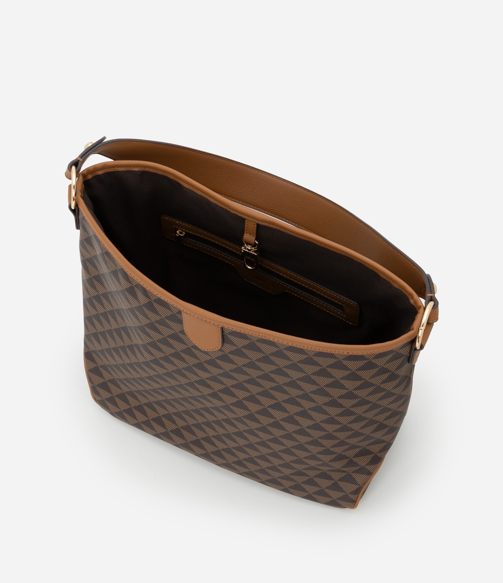 Bolsa Hobo Desestruturada Grande com Estampa Triângulo Marrom 7