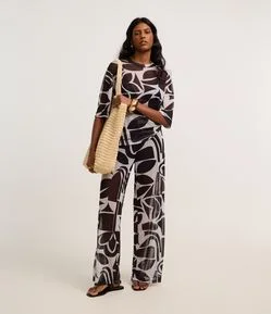 Calça Reta em Tule com Estampa Abstrata