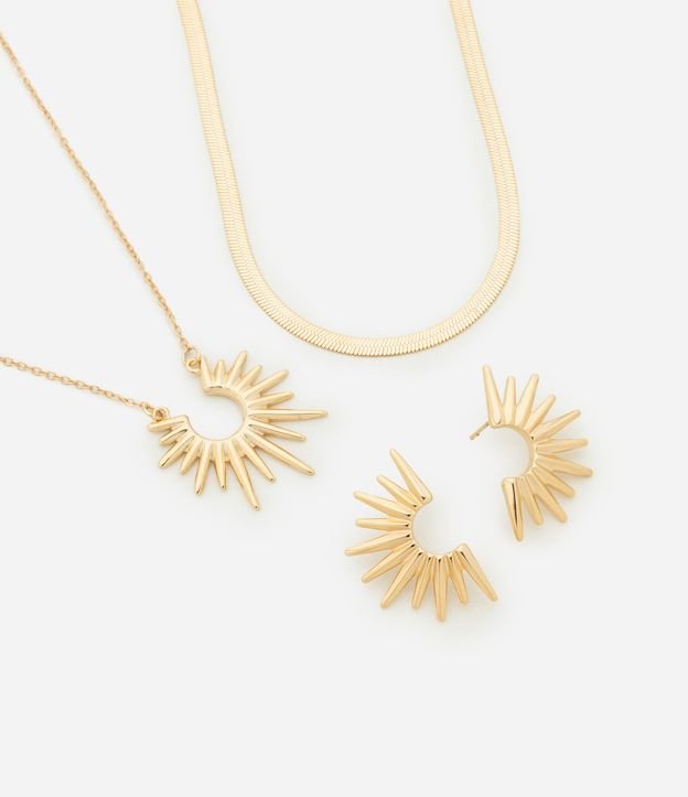 Conjunto Colar Camadas com Brinco e Pingente de Meio Sol