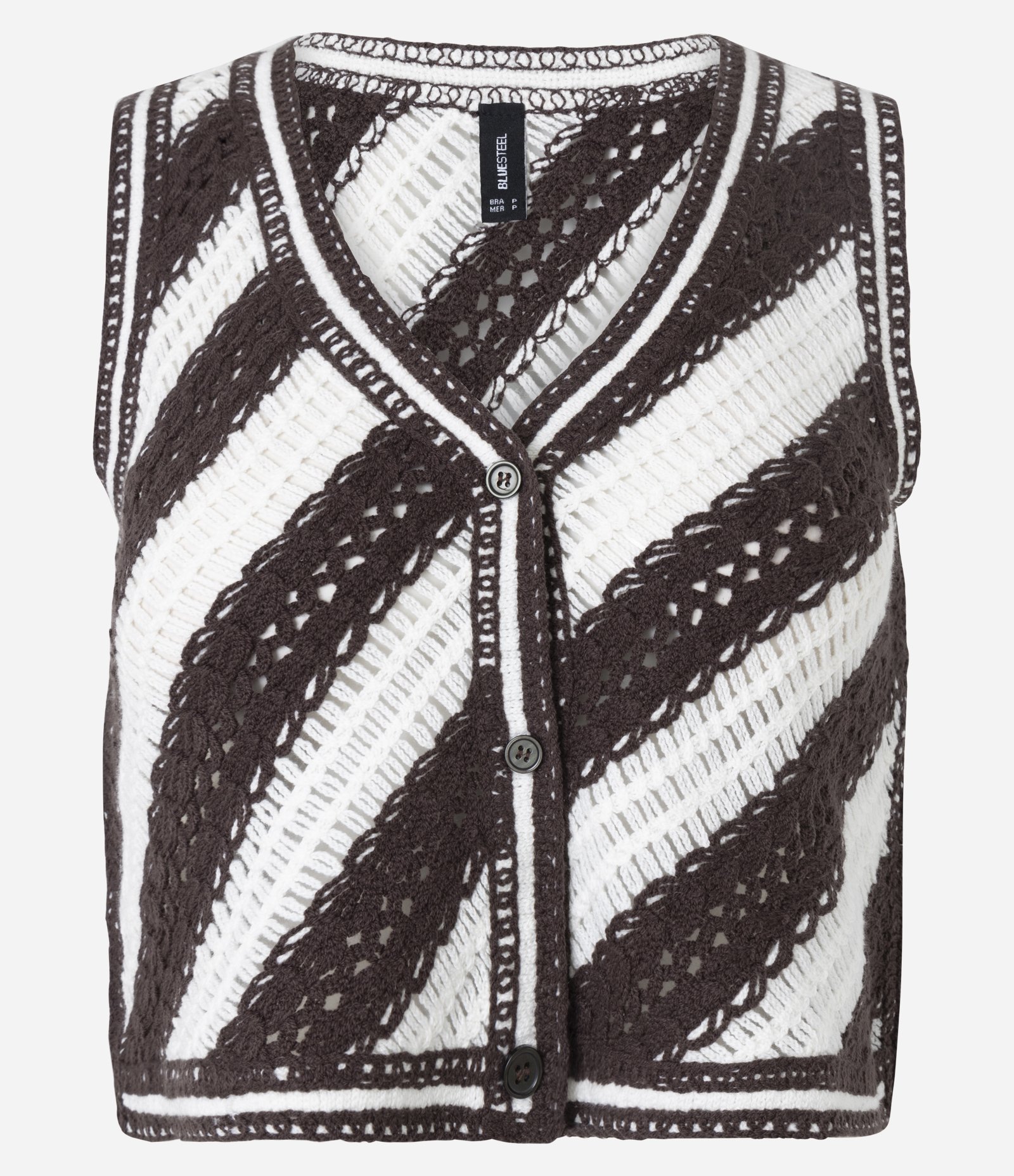 Colete Regular em Tricô com Listras Diagonais e Pontos Abertos Marrom 6