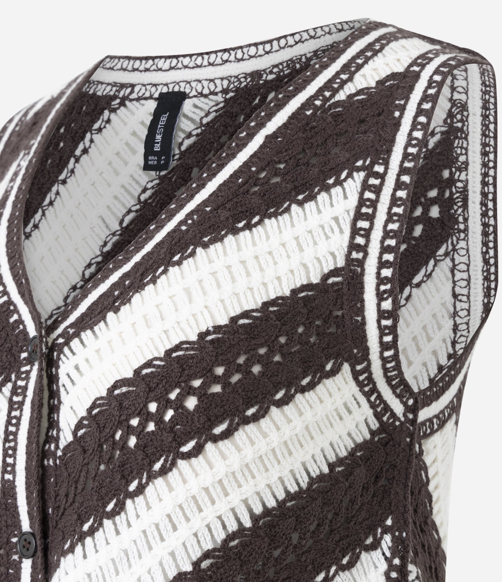 Colete Regular em Tricô com Listras Diagonais e Pontos Abertos Marrom 7