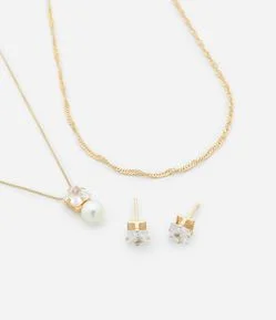 Conjunto de Colar Camadas com Pingente e Brinco Ponto de Luz