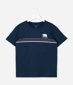 Camiseta Infantil com Listras e Urso -Tam 5 a 14 Anos