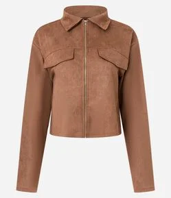 Jaqueta em Suedine com Gola de Lapela e Bolsos Fake