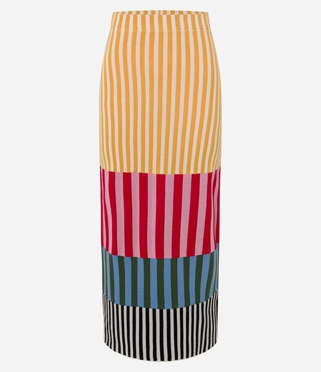 Saia Long Midi em Tricô com Listras Bloco de Cores