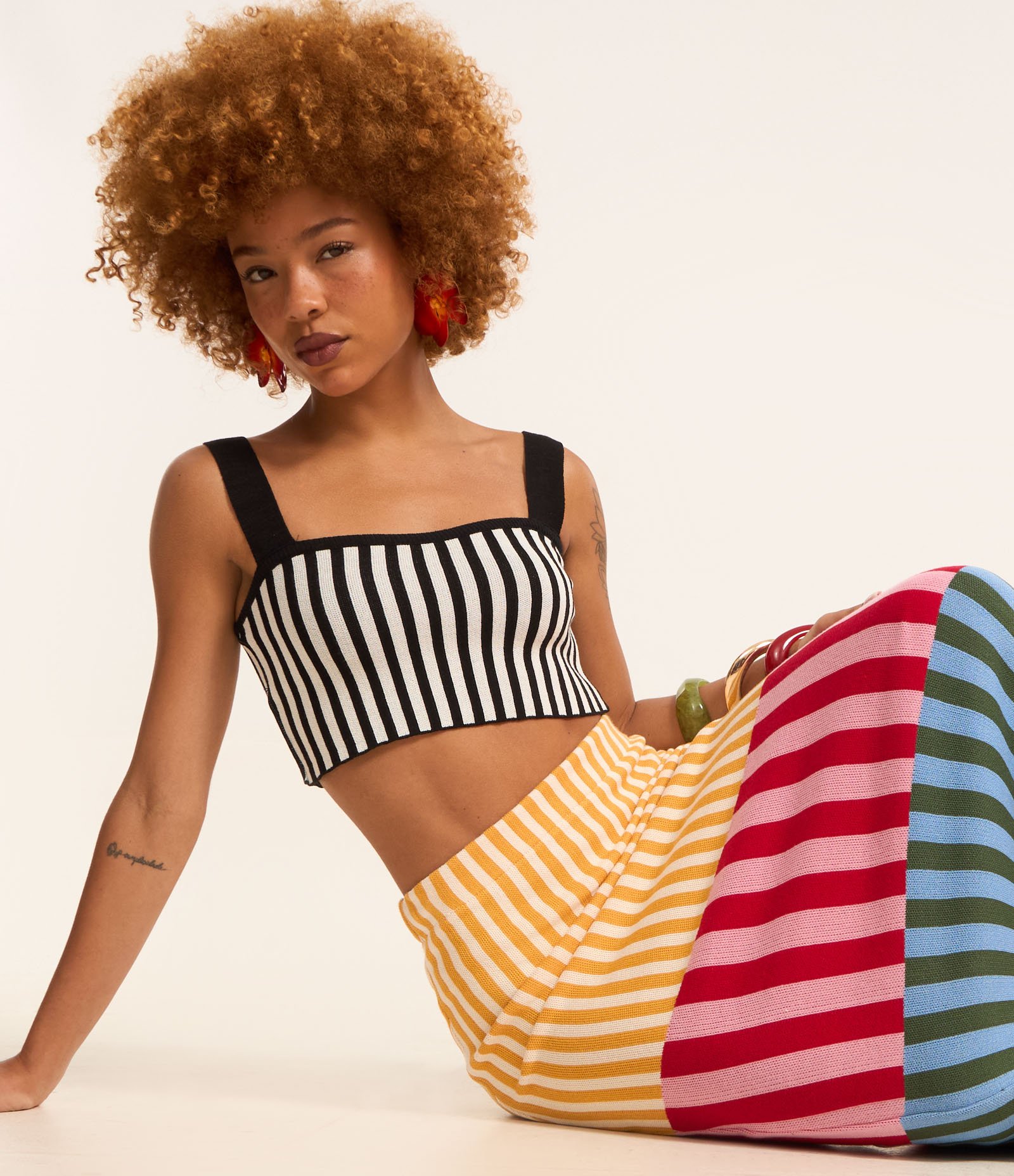 Saia Long Midi em Tricô com Listras Bloco de Cores Multicores 1