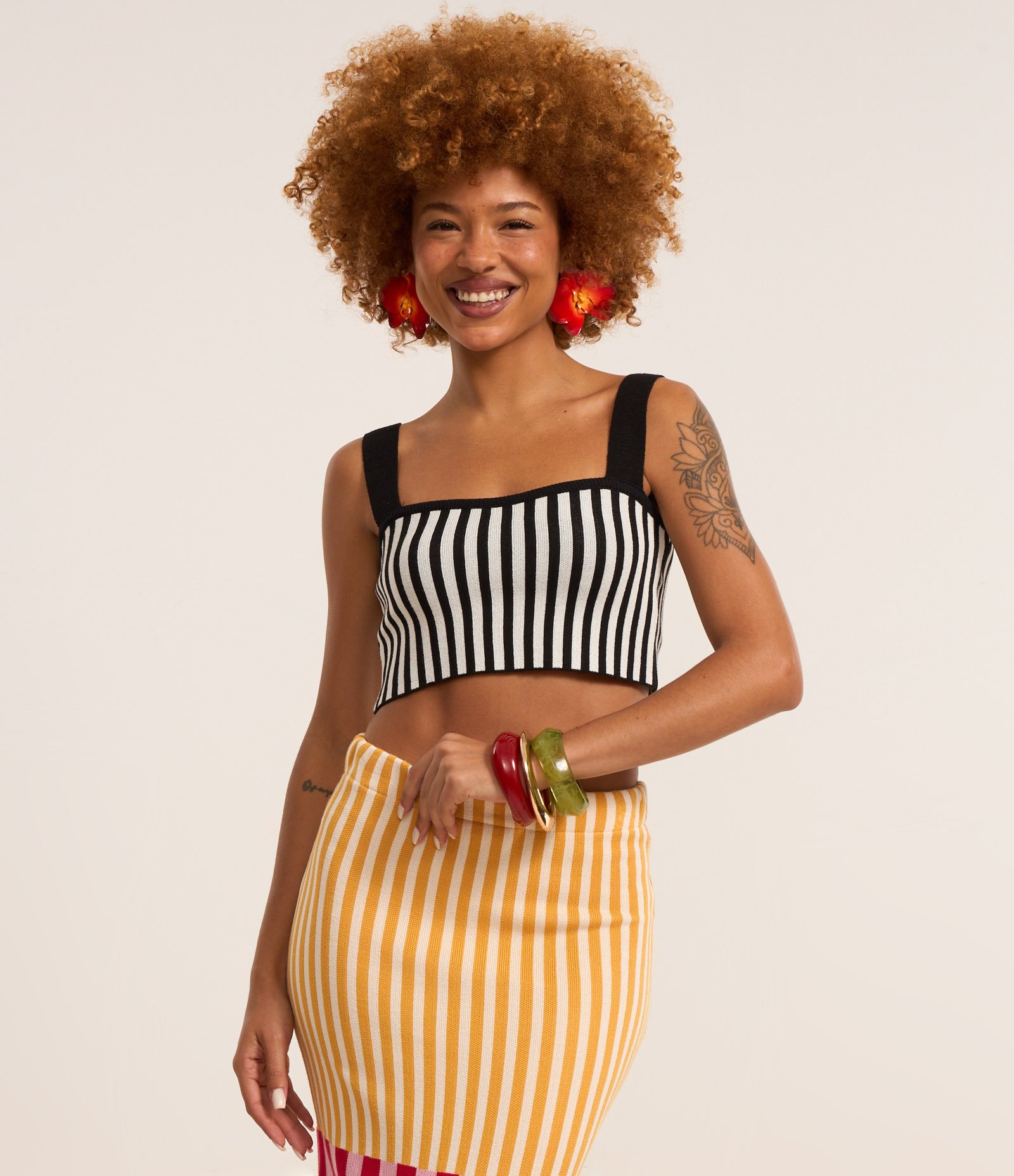 Saia Long Midi em Tricô com Listras Bloco de Cores Multicores 3