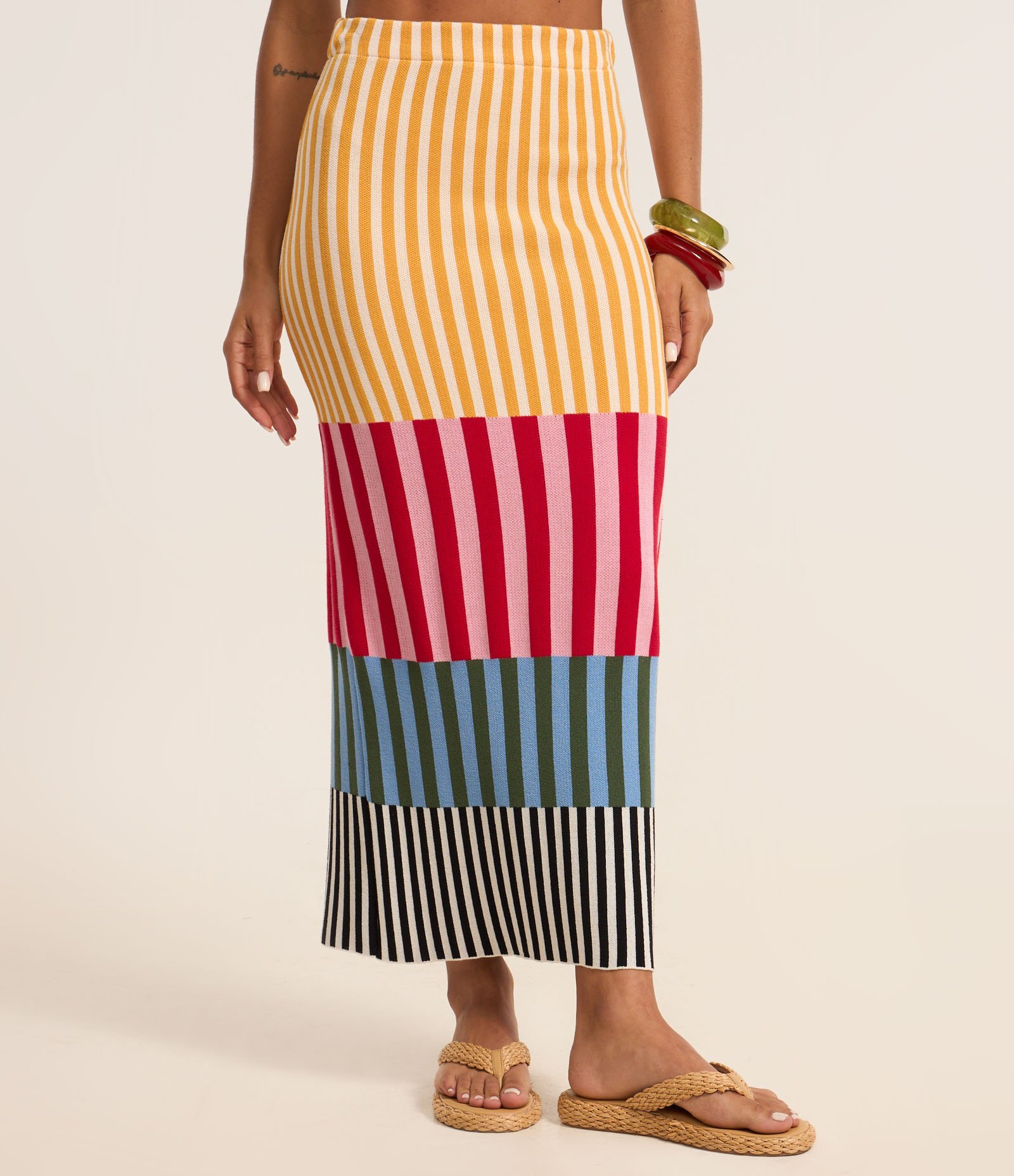 Saia Long Midi em Tricô com Listras Bloco de Cores Multicores 4