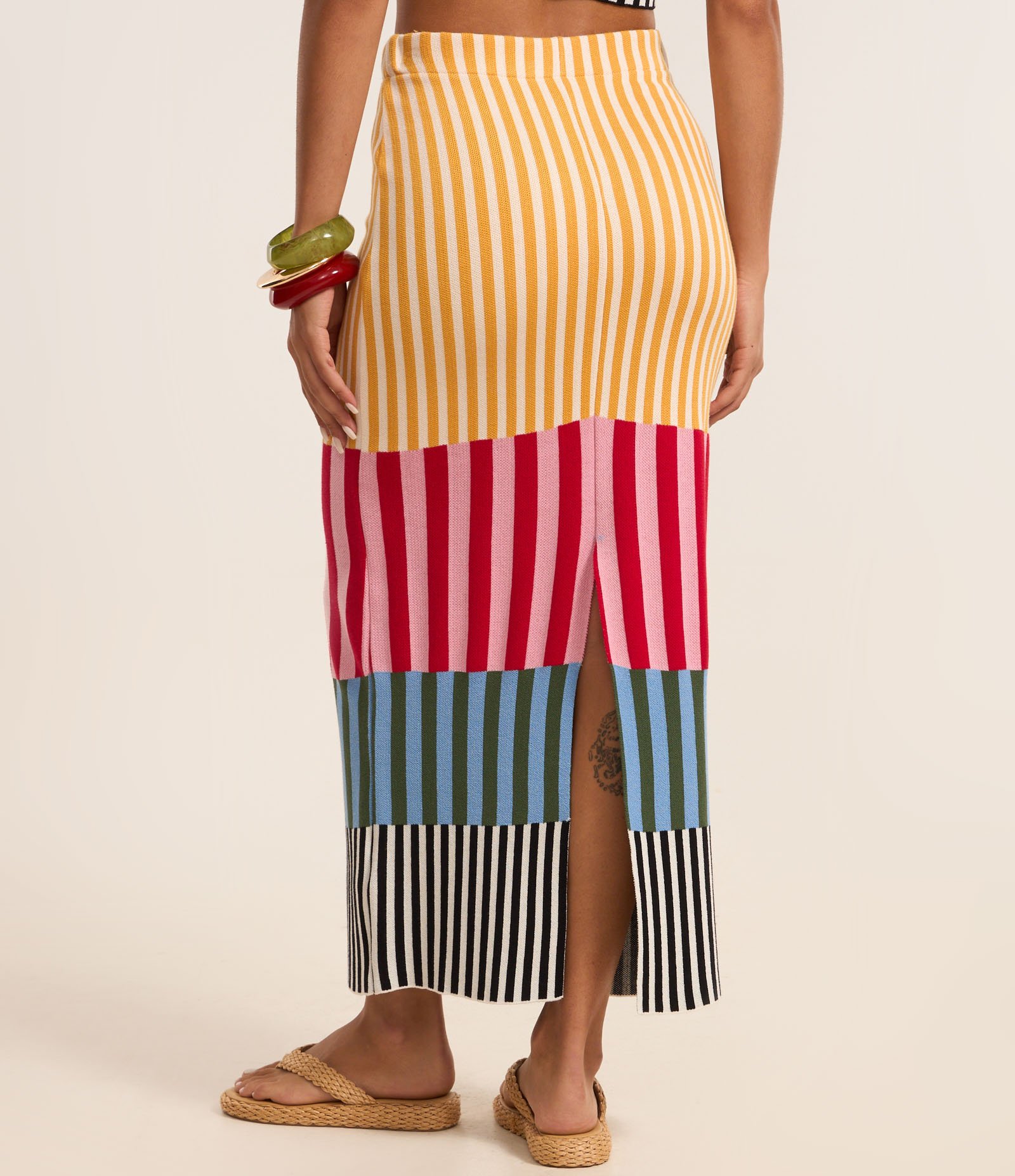 Saia Long Midi em Tricô com Listras Bloco de Cores Multicores 6