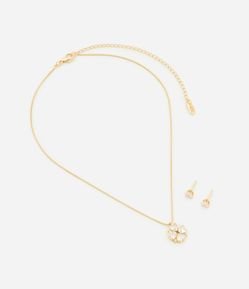 Conjunto de Colar com Pingente de Trevo de Quatro Folhas e Brinco Ponto de Luz