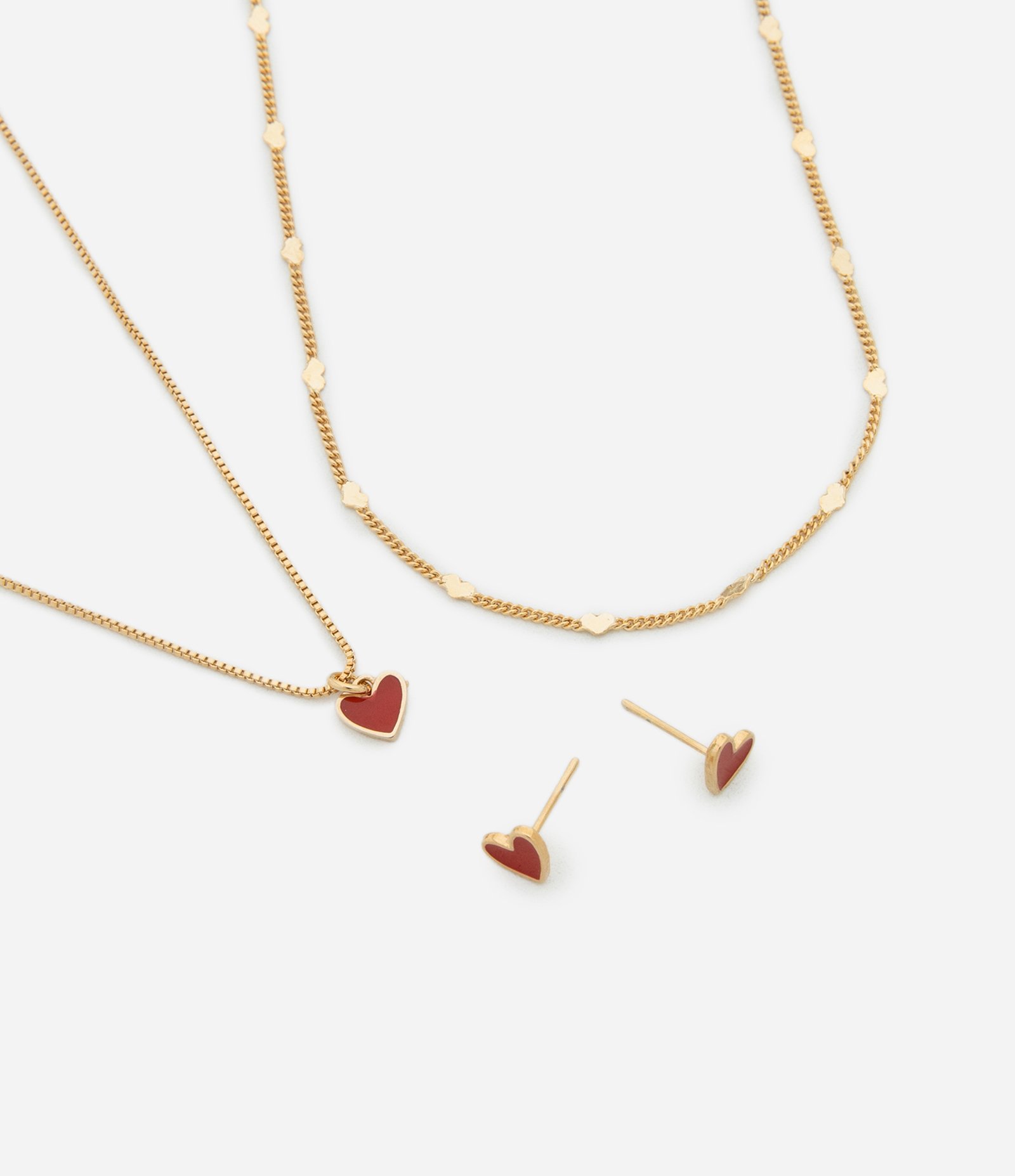 Conjunto de Colar Camadas e Brinco com Pingente de Coração Dourado 1