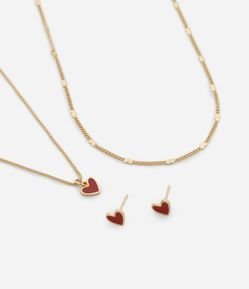 Conjunto de Colar Camadas e Brinco com Pingente de Coração