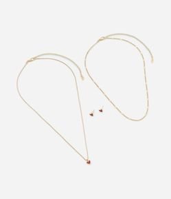 Conjunto de Colar Camadas e Brinco com Pingente de Coração