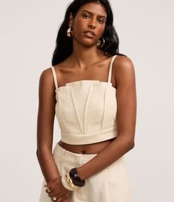 Blusa Cropped de Alça em Algodão e Linho com Textura