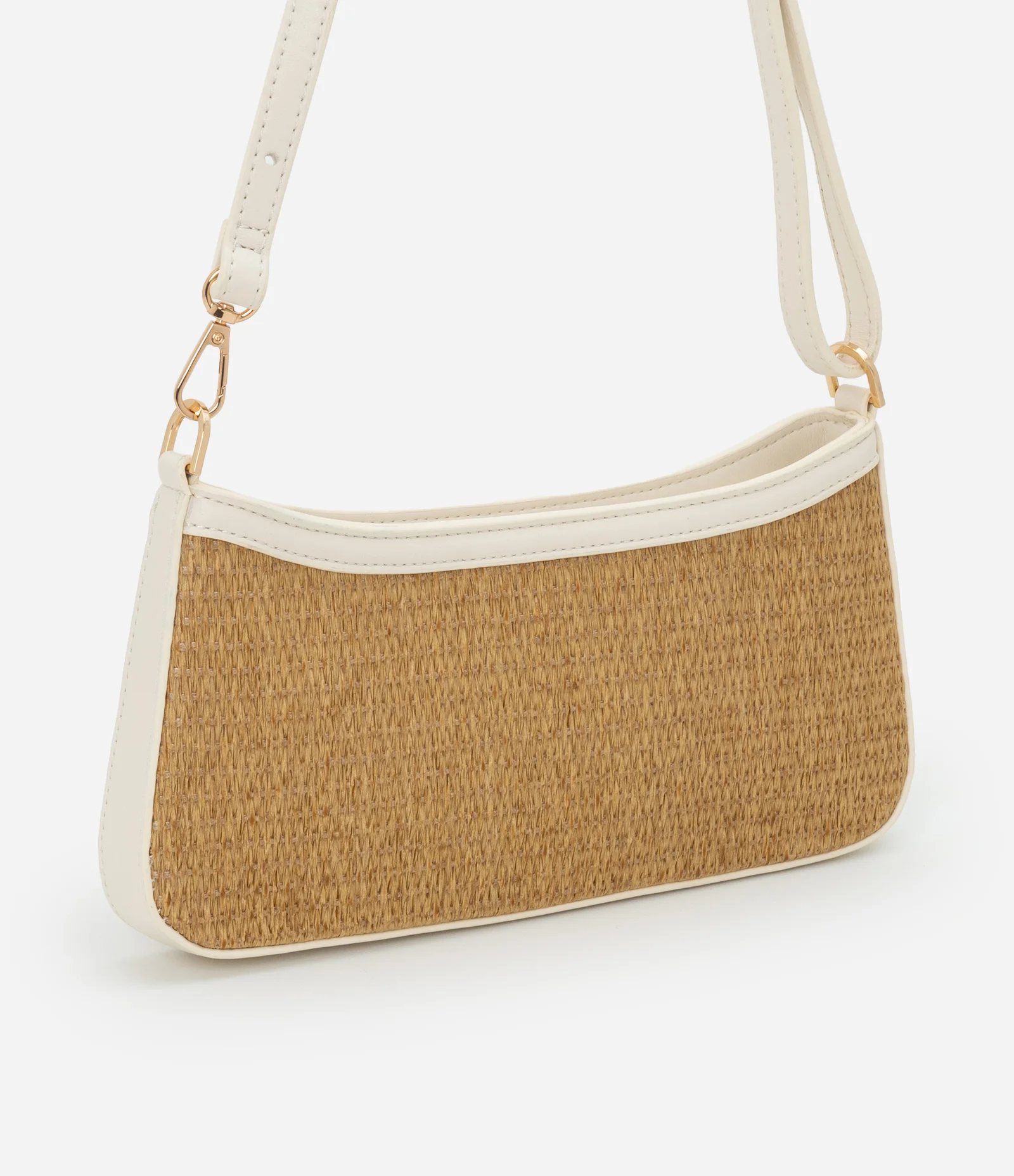 Bolsa Baguete Pequena com Efeito Palha e Alça Contrastante Boho Romântico Bege 2
