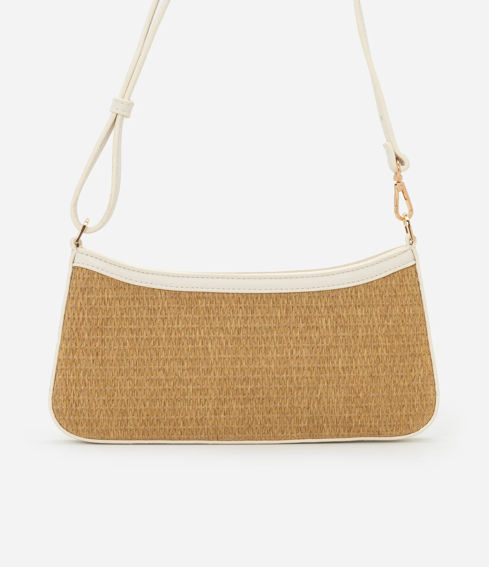 Bolsa Baguete Pequena com Efeito Palha e Alça Contrastante Boho Romântico Bege 4