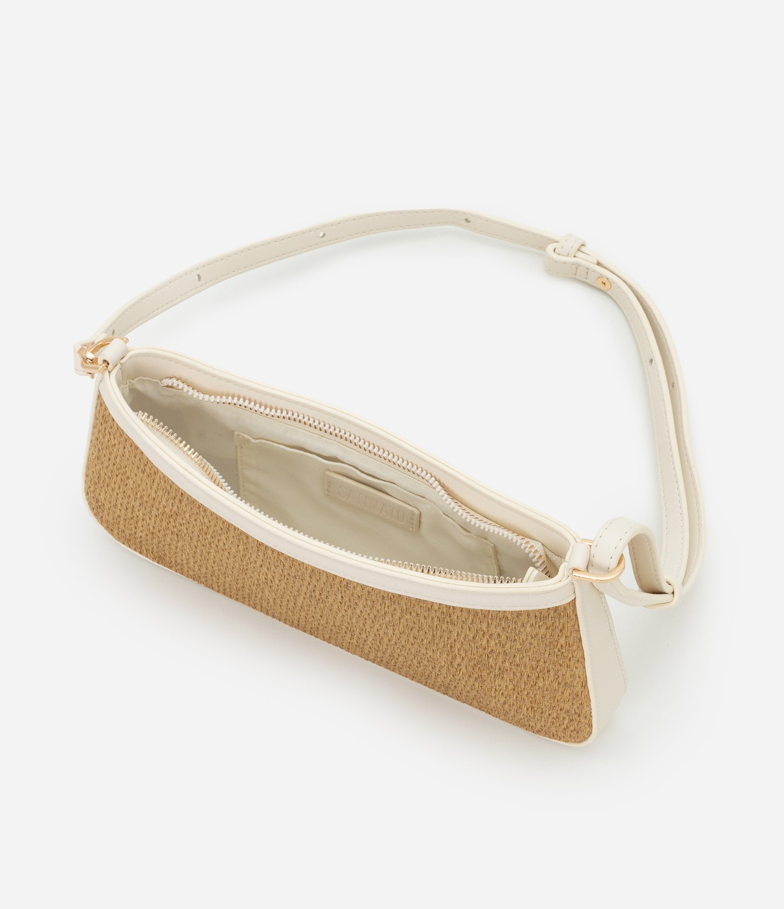 Bolsa Baguete Pequena com Efeito Palha e Alça Contrastante Boho Romântico Bege 6