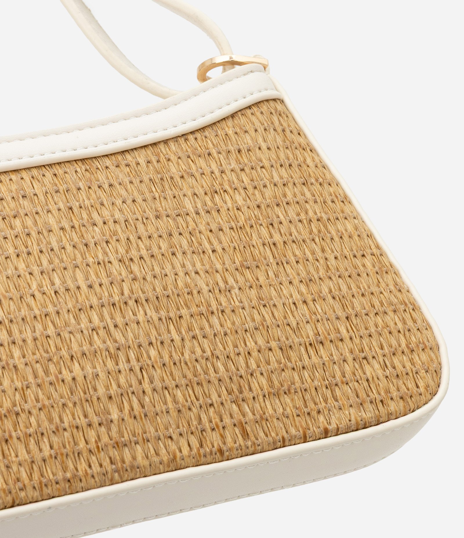 Bolsa Baguete Pequena com Efeito Palha e Alça Contrastante Boho Romântico Bege 7