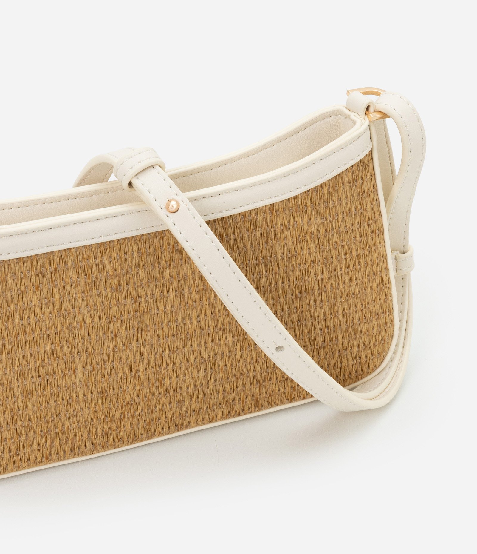 Bolsa Baguete Pequena com Efeito Palha e Alça Contrastante Boho Romântico Bege 8