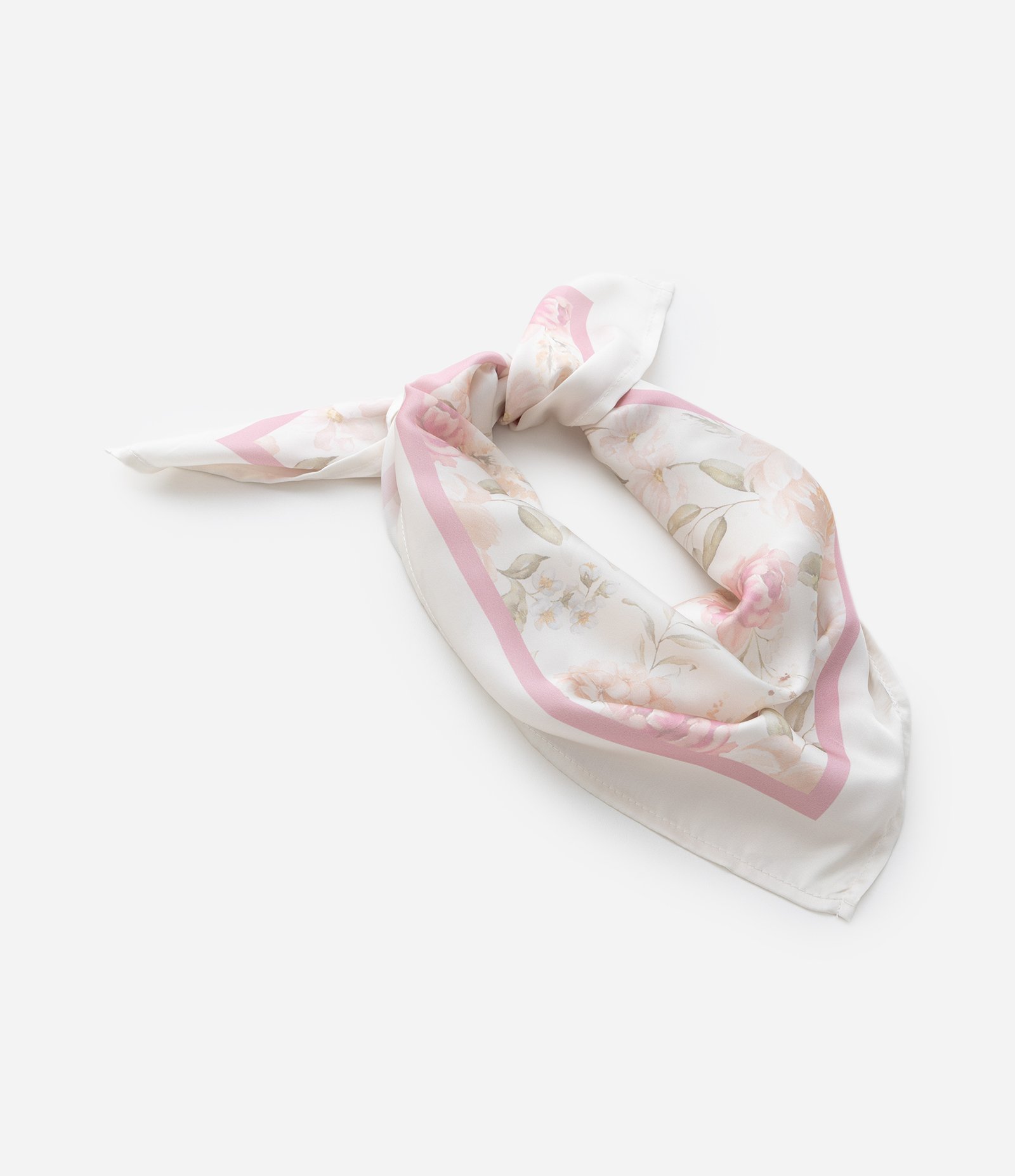 Lenço Quadrado em Cetim com Estampa Floral Off White/Rosa 3